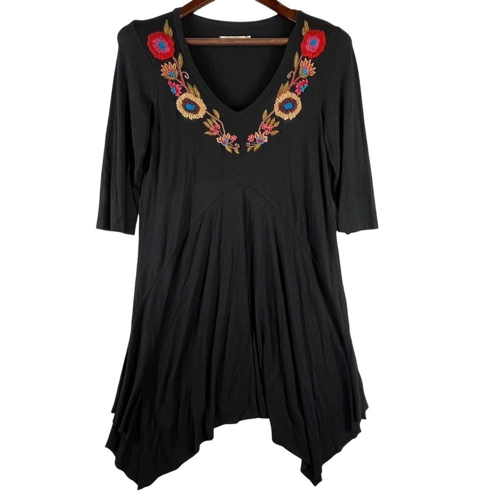 Caite Tunic Top or Dress S Black Embroidered Boho Lagenlook Handkerchief Hem